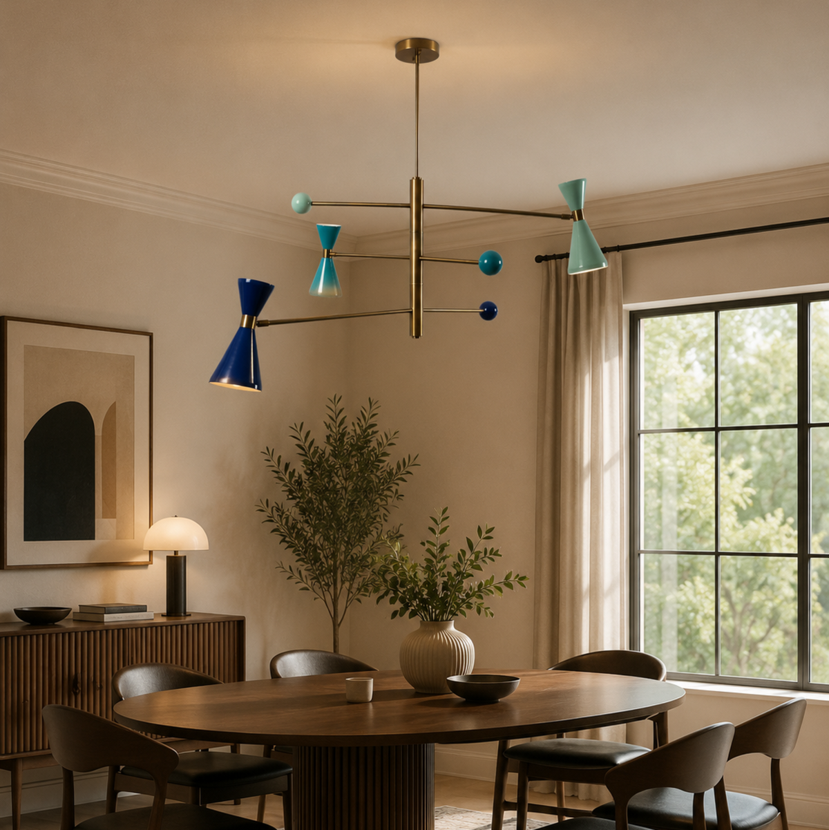Wellington 3 light multicolor counterbalance chandelier displayed above a dining table in a warm contemporary Mid-Century Modern dining room.