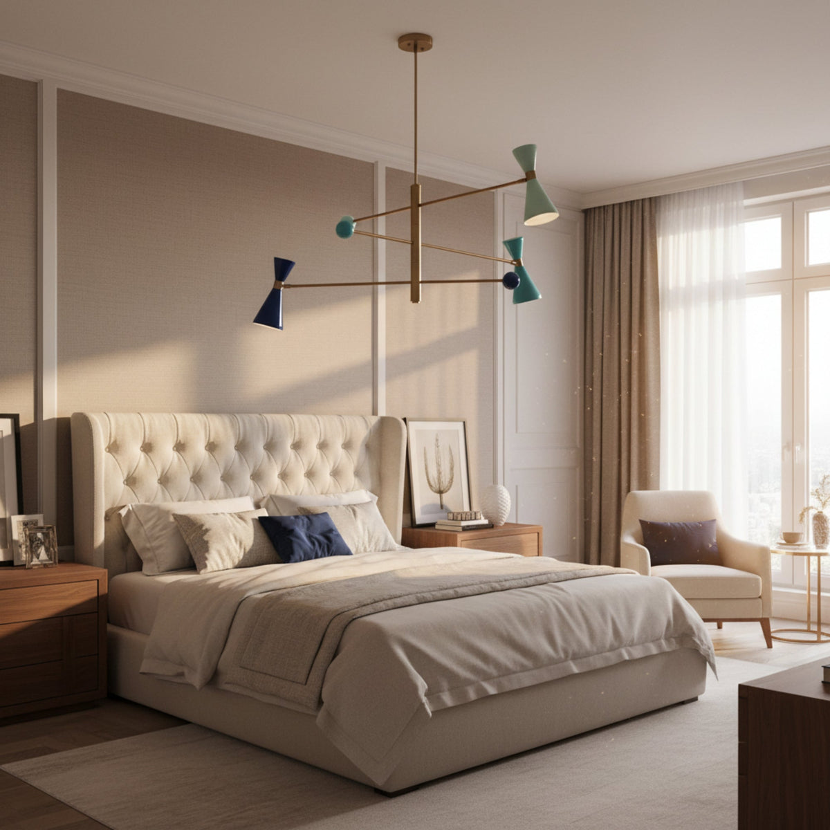 Wellington 3 light counterbalance chandelier shown illuminated from an angled view with colorful cone shades and spherical accents.