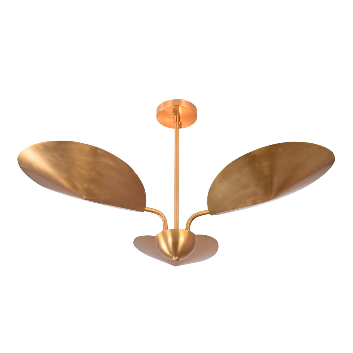 Angled view of Willow sculptural leaf chandelier showcasing its three curved brass leaf shades and sculptural organic silhouette.