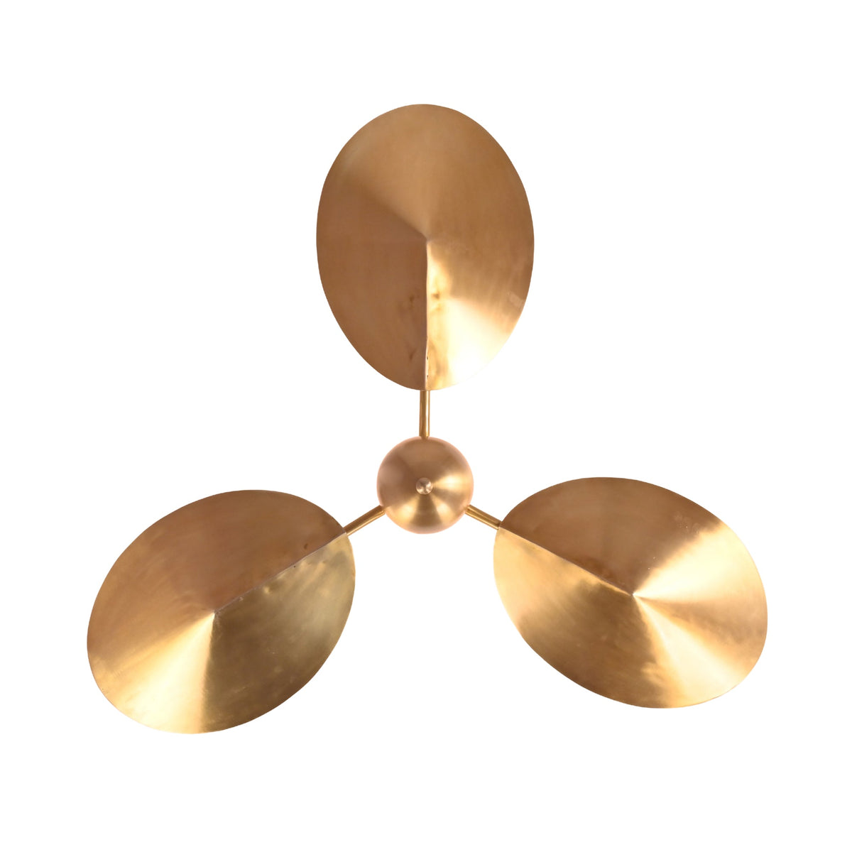 Bottom view of Willow sculptural leaf chandelier highlighting the symmetrical three-leaf arrangement and central brass canopy.