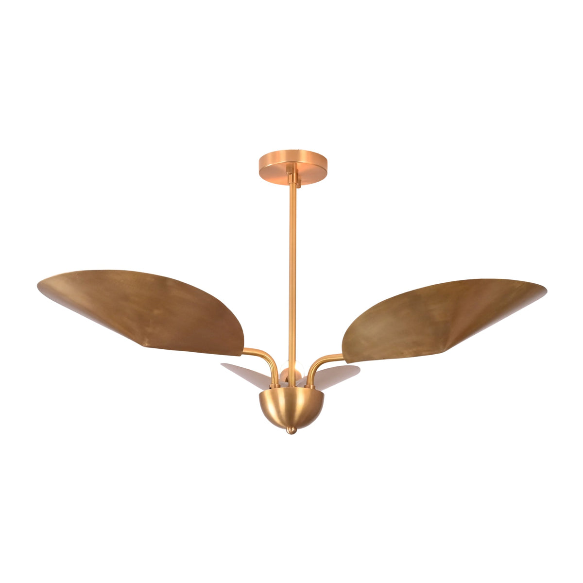 Front view of Willow sculptural leaf chandelier illuminated with a warm exposed globe bulb and handcrafted brass leaf shades.