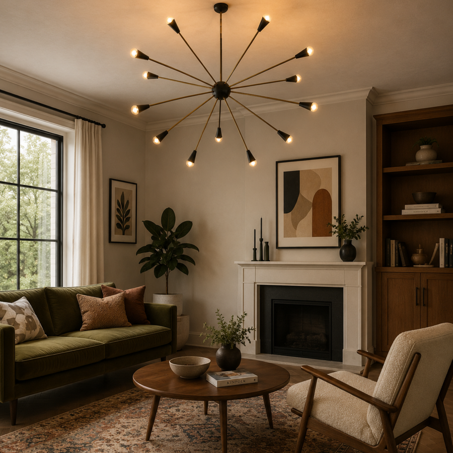 York 16 light antique brass tone starburst chandelier illuminated in a warm Mid-Century Modern living room interior.