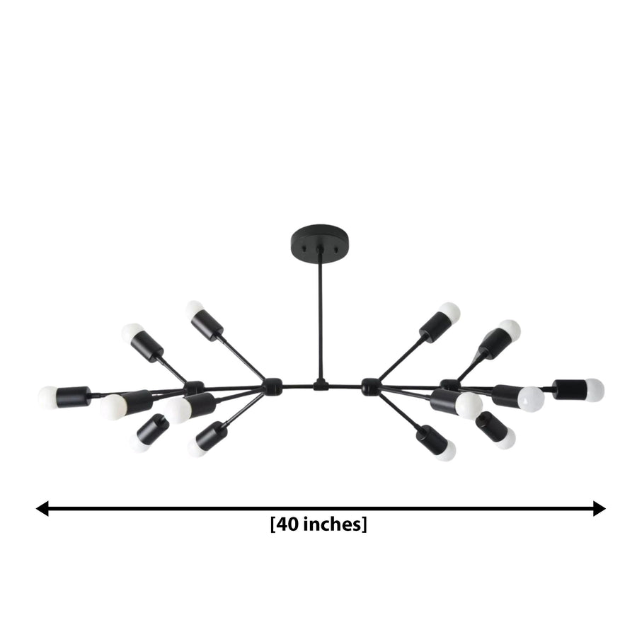 Zurich 14 light black branching Sputnik chandelier illuminated above a large dining table in a warm contemporary dining room.