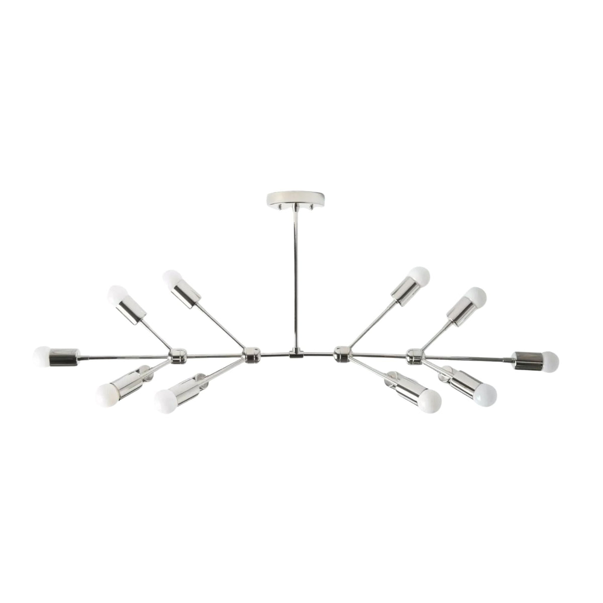 Zurich 14 light branching chandelier shown from the front in a polished silver-tone finish with exposed bulbs and linear arms.
