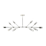 Zurich 14 light branching chandelier shown from the front in a polished silver-tone finish with exposed bulbs and linear arms.