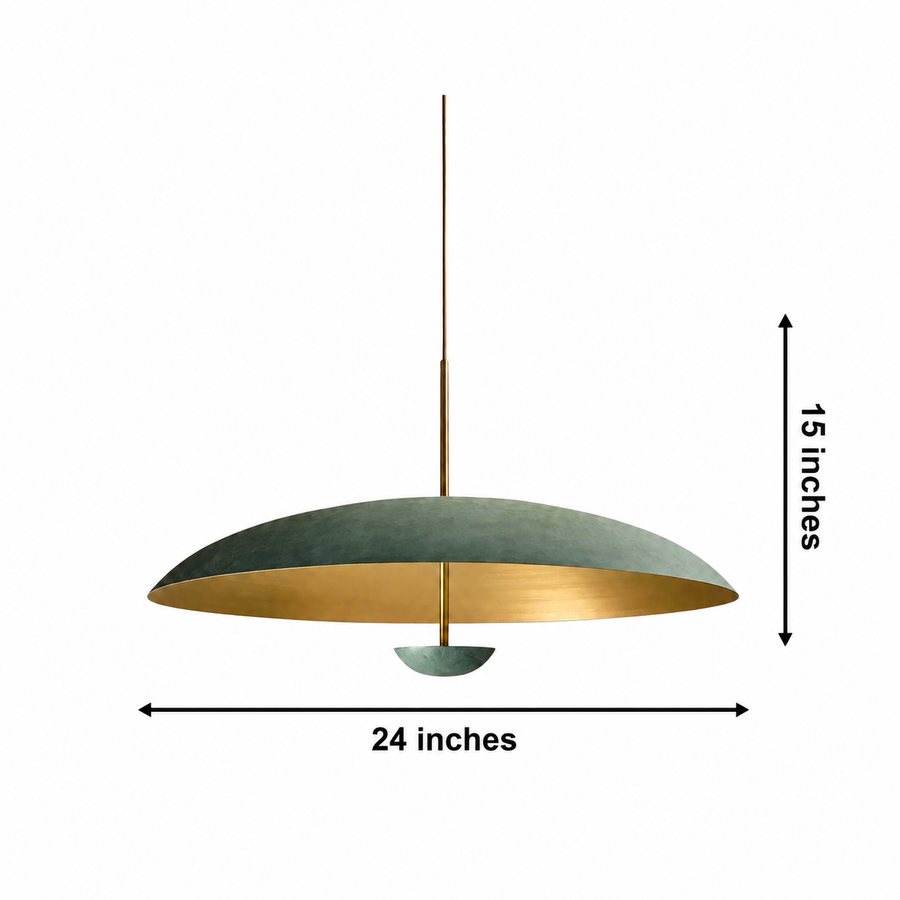 Aurora 3 light patina dome pendant chandelier installed above a dining table in a warm modern interior.
