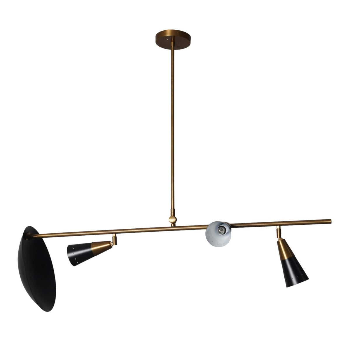 Sleek brass linear light fixture featuring adjustable black and brass shades for directional illumination.