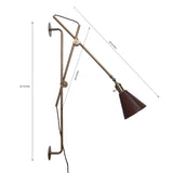 Adjustable brass wall lamp with labeled dimensions – 30 inches height, 28 inches arm length