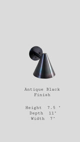Antique black finish brass cone wall light showing height, depth, and width dimensions for interior installation reference.