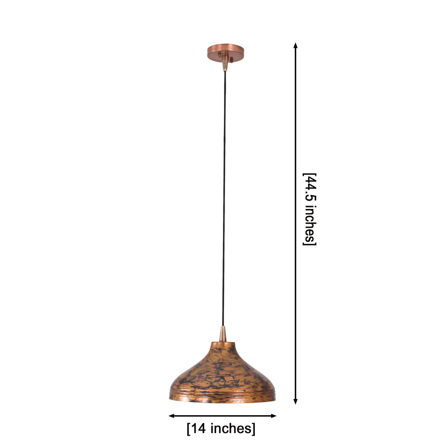 Solid copper dome pendant light hanging above a kitchen island with warm downward glow and artistic copper finish