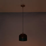 Artistic finish ceiling pendant light with black cord, copper canopy, and multicolor rounded shade design