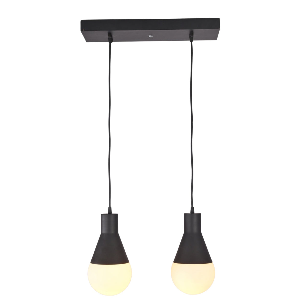Aspen Dual Socket Pendant Chandelier 2 Light Model 33242 front view illuminated with warm globe bulbs and matte black finish.