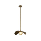 Aspen Sculptural Crescent Pendant Light 22 Inch Model 33251 featuring handcrafted curved brass wings surrounding a softly illuminated frosted glass globe.
