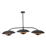 Astra Halo 3 light black chandelier with warm reflective saucer shades glowing in a dark interior setting
