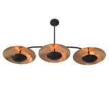 Mid century modern linear ceiling light with three saucer shades and wide architectural chandelier silhouette