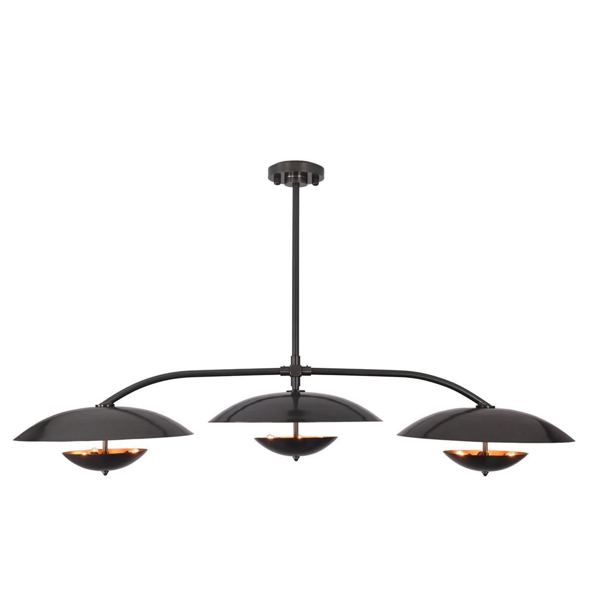 Three light ceiling fixture with sculptural saucer shades, black finish, and warm inner shade detail