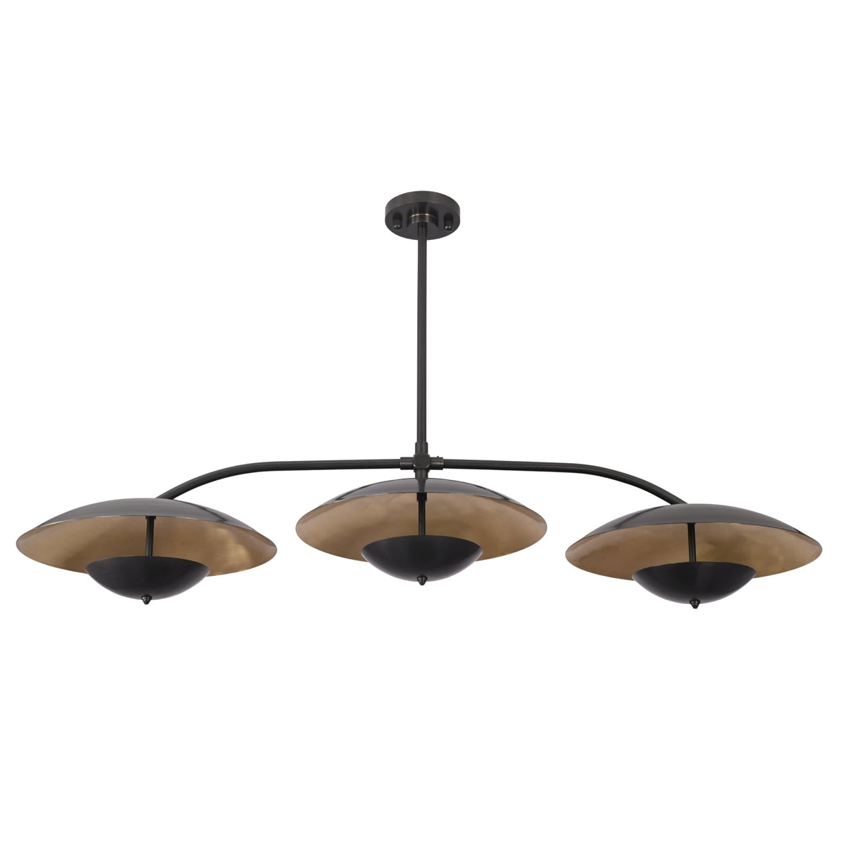Large black chandelier shown with dimensions, measuring 58 inches wide and 33 inches high