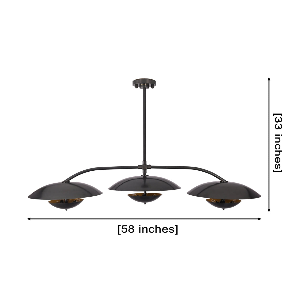 Black linear chandelier with three wide saucer shades creating a warm ambient glow for dining spaces