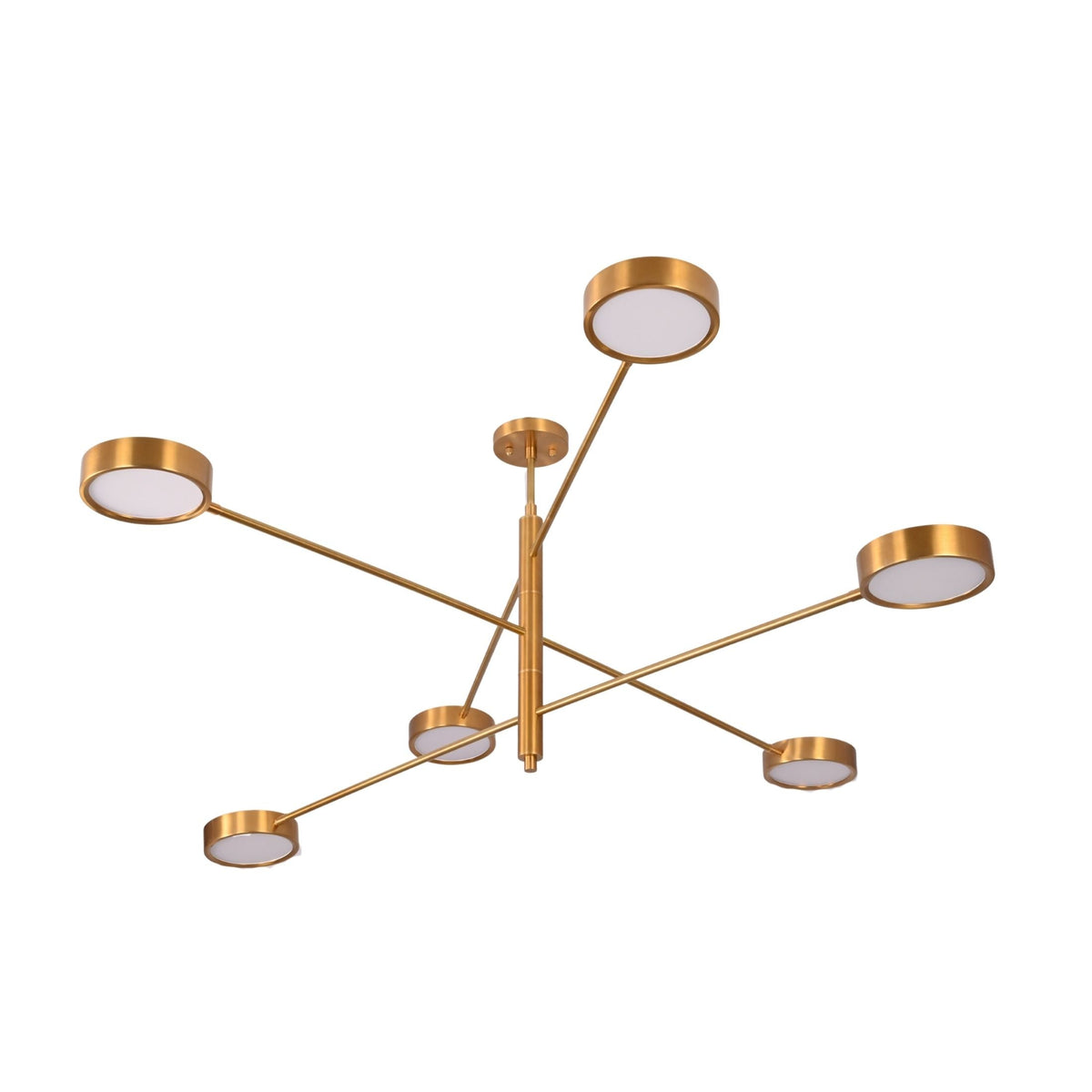 Athens 6-light linear disc chandelier shown in bedroom with warm ceiling illumination and modern brass design