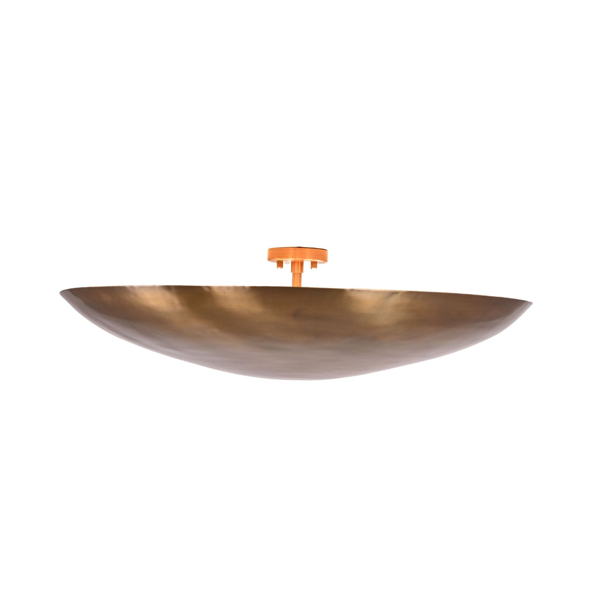 Large 36 inch brass patina ceiling light with shallow bowl shade and halo illumination