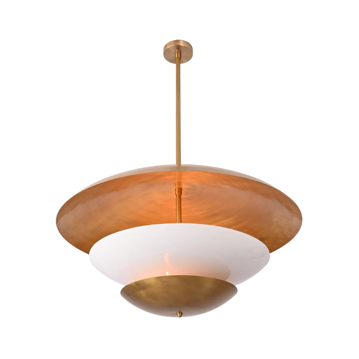 Aurelia tiered disc pendant light shown in a warm living room with layered shade design and soft ambient glow