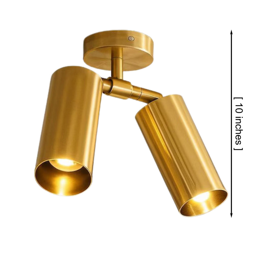 Aurora Dual Cylinder Ceiling Spotlight in brushed brass installed in a modern living room, featuring adjustable cylindrical spotlight heads with warm ambient illumination.