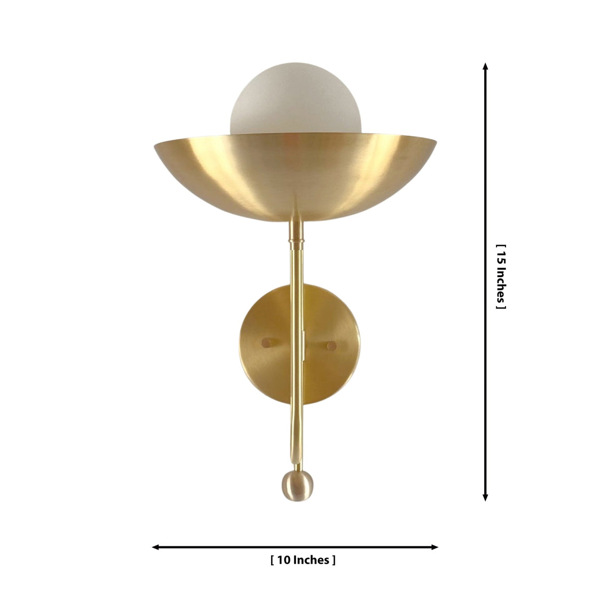 Aurora modern brass bowl wall sconce with dimensional diagram showing 15-inch height and 10-inch width.