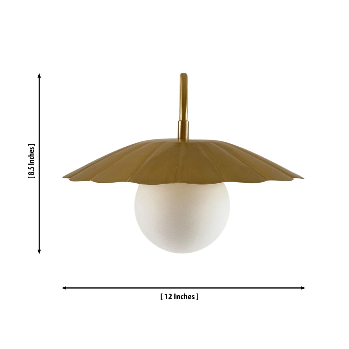 Aurora modern brass flower shade wall sconce with dimensional diagram showing 12-inch width and 8.5-inch height.