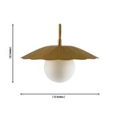 Aurora modern brass flower shade wall sconce with dimensional diagram showing 12-inch width and 8.5-inch height.
