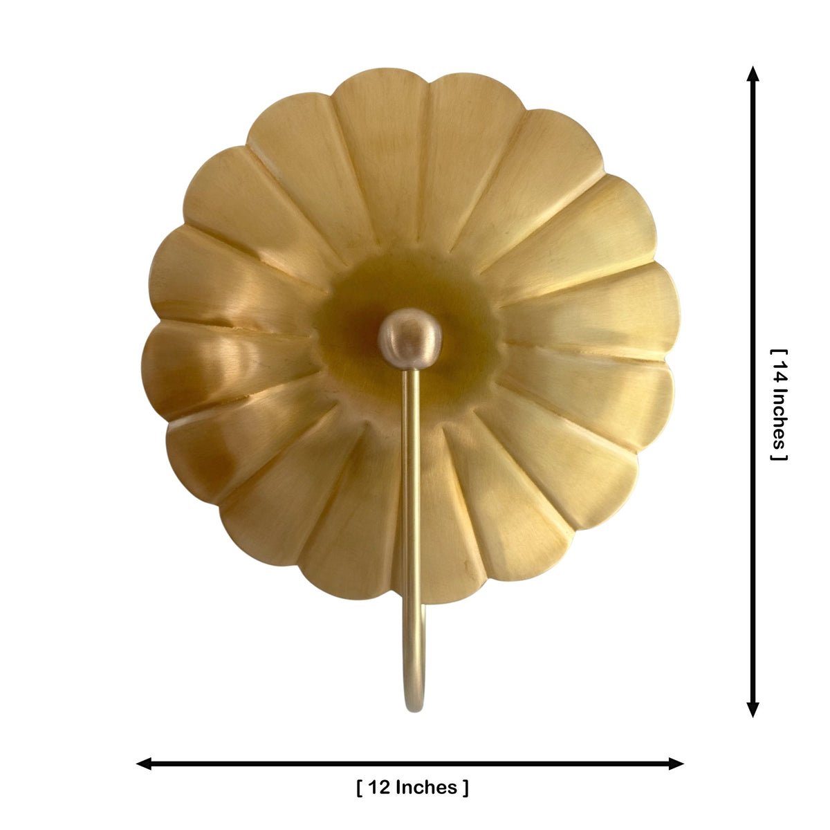Aurora modern floral brass wall sconce with dimensional diagram showing 14-inch height and 12-inch width.