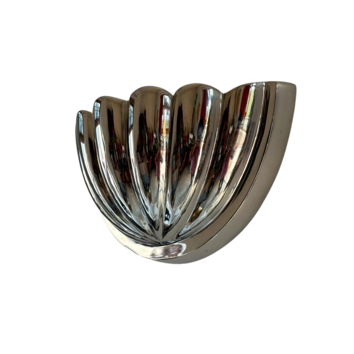 Front view of Aurora modern polished nickel fluted half bowl wall sconce featuring a sculptural ribbed design and reflective finish.