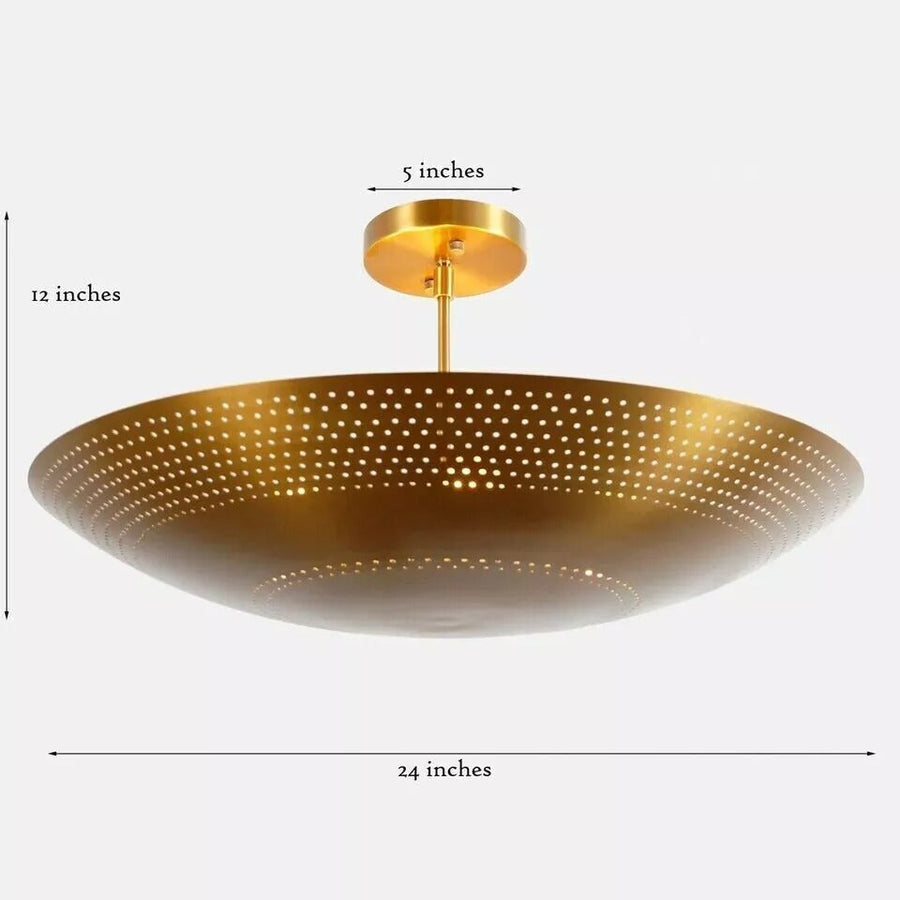 Aurora Perforated Disc Flush Mount Chandelier 24 Inch Model 62035 installed in a modern bedroom, providing warm ambient illumination with a contemporary sculptural design.