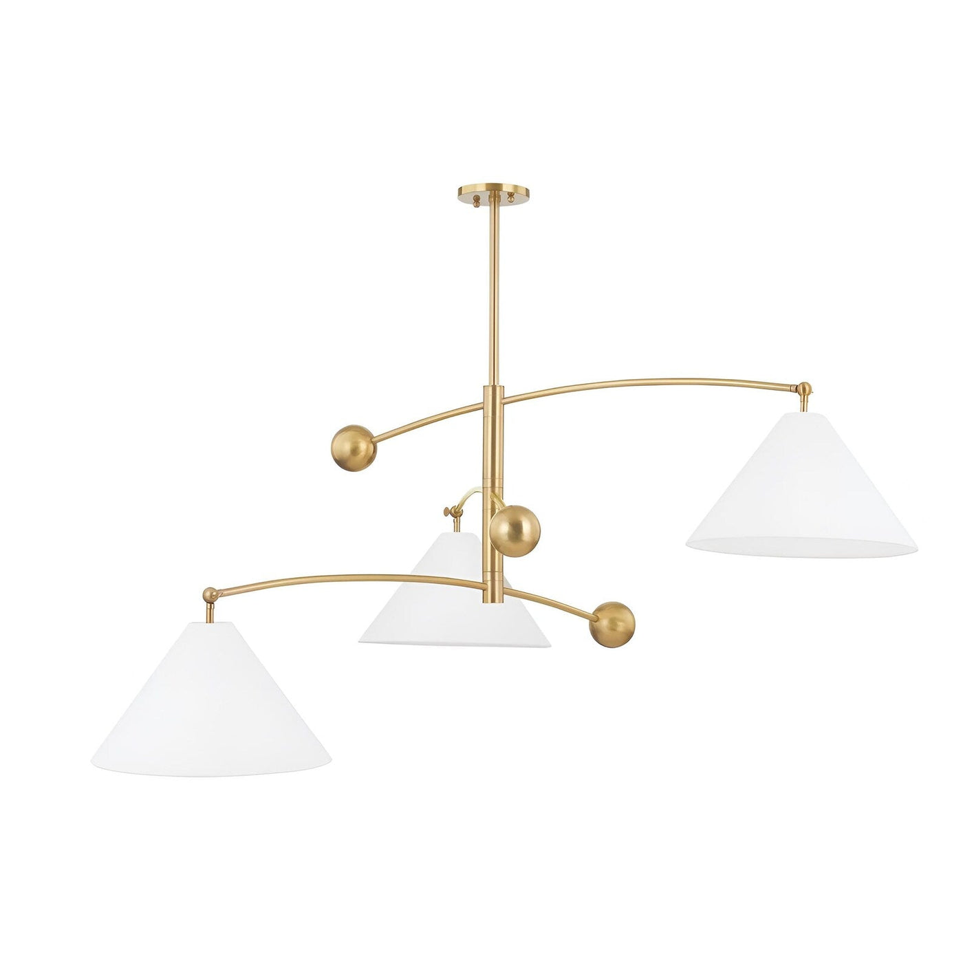 Modern balance brass 3 light chandelier with sculpted cone shades and brushed brass finish by Brass Leaf Studio