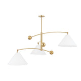 Modern balance brass 3 light chandelier with sculpted cone shades and brushed brass finish by Brass Leaf Studio