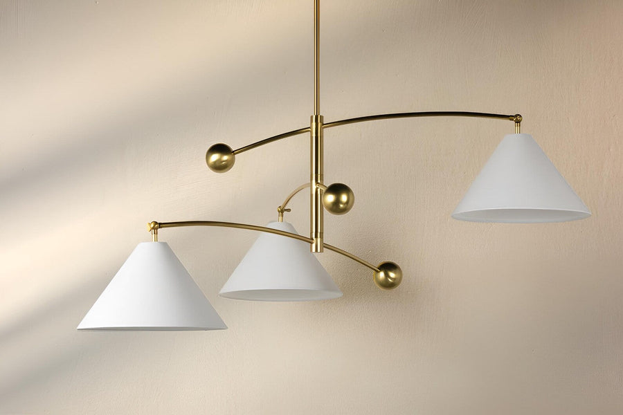 Modern balance brass 3 light chandelier with sculpted cone shades and brushed brass finish by Brass Leaf Studio