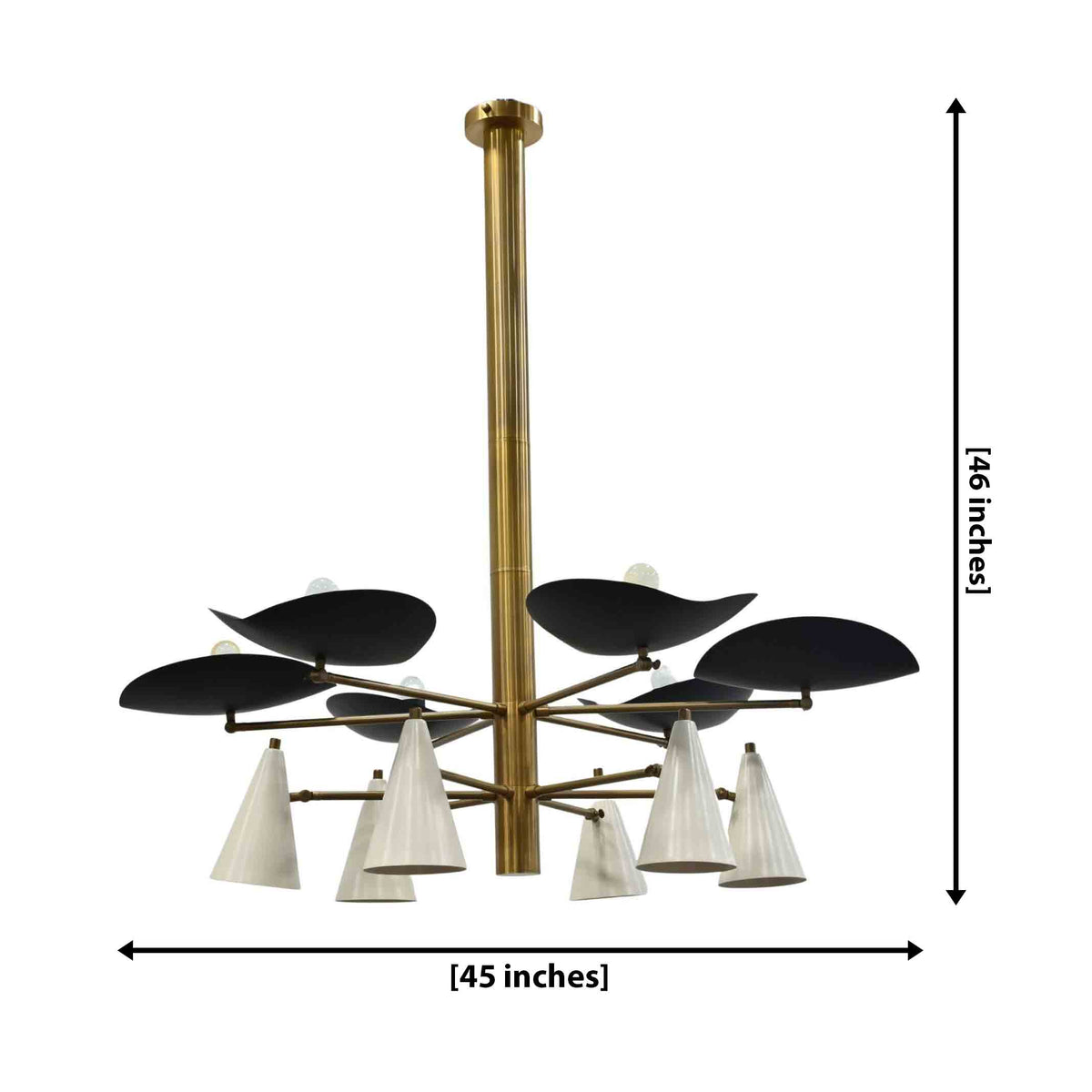 Barcelona 12-light solid brass chandelier with black curved shades, white cone shades, and sculptural mid century ceiling design