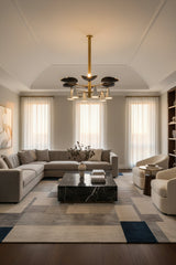 Barcelona brass chandelier dimension view showing 45 inch width and 46 inch total height with layered radial shade design