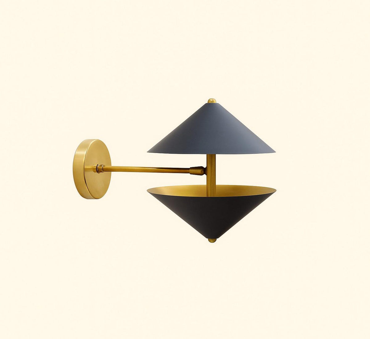 Designer black and brass wall sconce with sculptural double cone silhouette providing warm ambient upward and downward lighting.