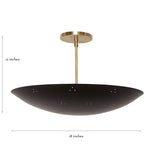 Matte black brass bowl flushmount ceiling light showing 18-inch width and 12-inch height dimensions