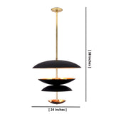 Modern brass disc chandelier showing 24 inch diameter and 38 inch height, customizable handmade lighting by Brass Leaf Studio