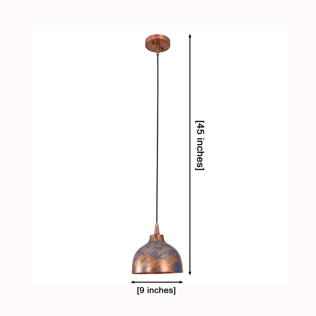 Blue copper dome pendant lamp installed above a dining table with warm downward glow and rustic modern style
