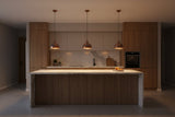 Blue copper pendant lamp dimension image showing 45 inch overall height and 9 inch shade width for product size reference
