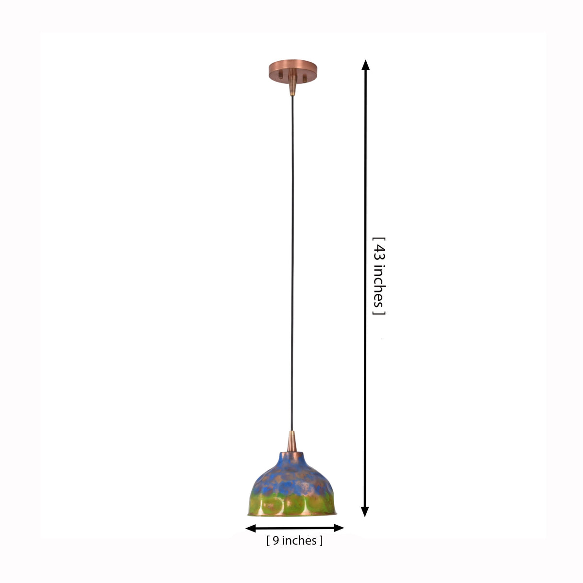 Blue green copper dome pendant lamp with warm downward glow and artistic patina finish for dining spaces