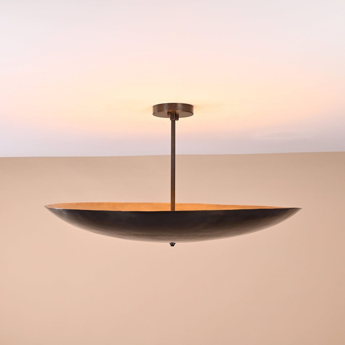 Brass bowl ceiling light with 30-inch width and 15-inch height labeled for reference