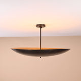 Brass bowl ceiling light with 30-inch width and 15-inch height labeled for reference