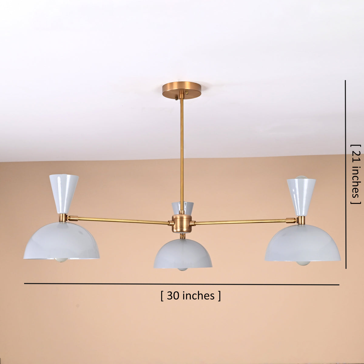 Brass 3-light chandelier with measurement guide showing 30-inch width and 21-inch height.