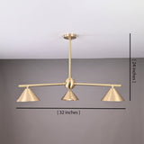 Handcrafted brushed brass 3-light cone chandelier with minimalist arms and sculpted shades, size 32 inches wide and 24 inches high.