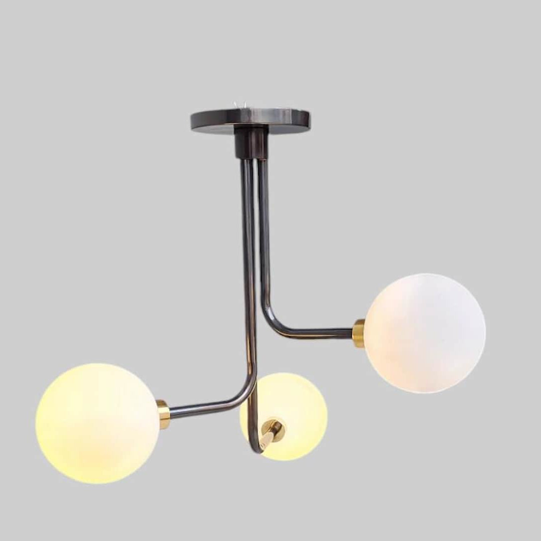 Handmade brass 3-light flushmount chandelier with globe shades – front view