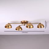 Modern brass 4-light bowl shade flushmount chandelier with adjustable arms in brushed brass finish, 29-inch wide ceiling light.
