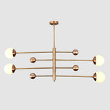 Front view of handcrafted solid brass 4-light chandelier with opal globes in sleek linear arrangement.